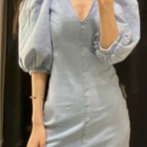 Zara Light Blue Puff-Sleeve Mini Dress